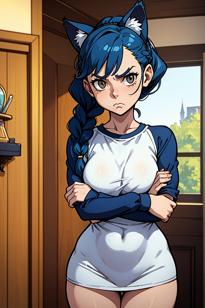 1 female, little kid cat girl, , oversized t-shirt, arms crossed under breast, no bottoms, hourglass figure, white eyes, french braid, blue hair, annoyed, cat ears, rococo style, Ghibli-like colours, in an apartment, best quality