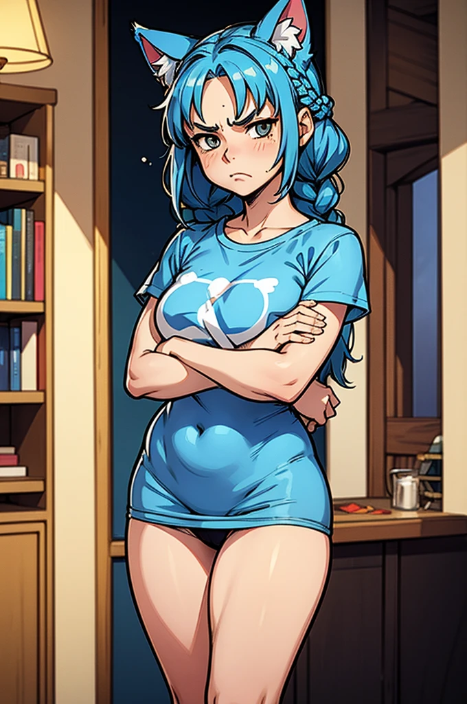 1 female, little kid cat girl, , oversized t-shirt, arms crossed under breast, no bottoms, hourglass figure, white eyes, french braid, blue hair, annoyed, cat ears, rococo style, Ghibli-like colours, in an apartment, best quality