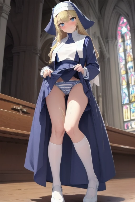 nsfw, (masterpiece, top quality, best quality, highly detailed:1.6), extremely detailed CG unity 8k wallpaper, strong facial expression,(sharp eye:1.2), (scowl:1.1), (embarrassed,blush:1.3), (steam:1.1), (wet:1.1), (sweat:1.1), (trembling:1.3), (parted lips:1.4), (harf open eyes:1.4), (feeling weak:1.5), (1 woman, church, blue nun, long skirt:2), (shoot from front, looking at viewer:1.1), (standing, turn knees out, bend knees, skirt lift, show panties, striped panties:1.7), colorful, full body, wide shot, perfect composition, (chrotch, pussy, urethra, panty, panties), (girl trembling with sexual climax), urination, incontinence, piss, peeing self, A lot of pee, having an accident, pee running down legs, (((pee stream))), (pee puddle), wetting herself, pee stain, peeing, blush, trembling, embarrassed, (long hair,blonde hair, blonde public hair:1.5), large breasts, Yellow pee, ((leaking pee)), Shaking one's shoulders, Breaking a sweat on forehead, puddle of pee, Pee at your feet, Pee spread on the floor, Pee stains, Dripping pee between my legs, Feet wet from pee, Pee-covered feet, Pee at your feet, want to pee, about to pee, Full bladder, Pee-soaked panties, Pee-soaked Shoes, Pee-soaked thigh-high socks, The limit of holding in pee, A big pee, Pleasant pee, a big puddle of urine at my feet, can't stand it and urinate, can't stand peeing, Non-stop peeing, Unstoppable peeing, A dress wet with pee, can't make it to the toilet in time and I pee, A pleasant feeling of urination after holding it in to the limit, Pee spurting out of the urethra,