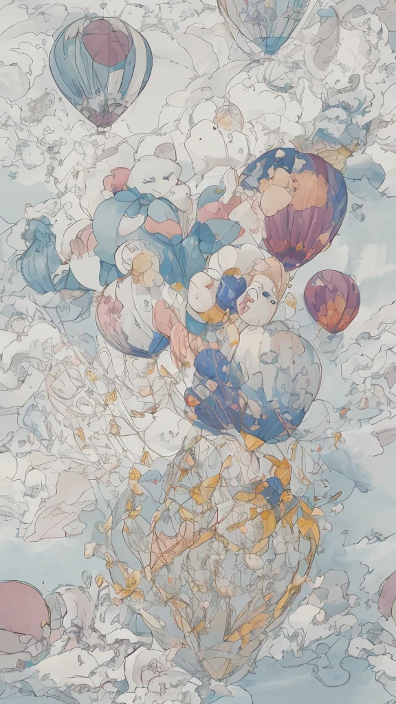 A seamless pattern with a watercolor teddy bear in a hot air balloon, their vines intertwined and animated characters floating amidst balloons adorned with 'G ytson' motifs, pale neutral colors on a white background in the style of Kestutis Kasparavicius. --ar 45:91 --niji 6