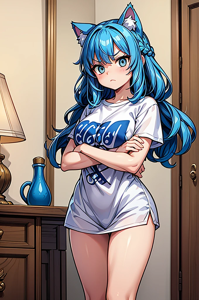 1 female, little kid cat girl, , oversized t-shirt, arms crossed under breast, no bottoms, hourglass figure, white eyes, french braid, blue hair, annoyed, cat ears, rococo style, Ghibli-like colours, in an apartment, best quality
