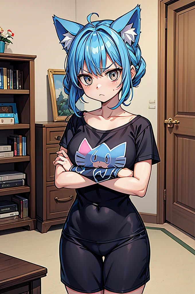 1 female, little cat girl, , oversized t-shirt, arms crossed under breast, no bottoms, hourglass figure, white eyes, french braid, blue hair, annoyed, cat ears, rococo style, Ghibli-like colours, in an apartment, best quality