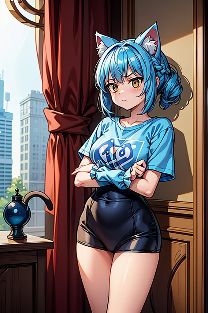 1 female, little ??? cat girl, , oversized t-shirt, arms crossed under breast, no bottoms, hourglass figure, white eyes, french braid, blue hair, annoyed, cat ears, rococo style, Ghibli-like colours, in an apartment, best quality
