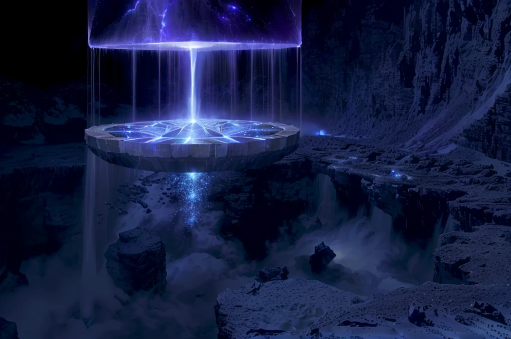 there is a fountain with water coming out of it in the dark, spirits coming out of portal, majestic interstellar portal, colossale interstellar portal, depicted as a scifi scene, waterfall in asteroid field, matte painting of steam machines, studying a hell open rift portal, ice city in 2 0 8 0, portal into anotheer dimension, infinite quantum portal