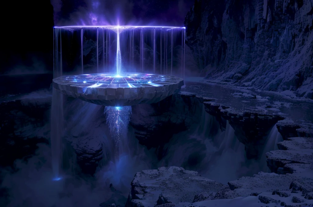 there is a fountain with water coming out of it in the dark, spirits coming out of portal, majestic interstellar portal, colossale interstellar portal, depicted as a scifi scene, waterfall in asteroid field, matte painting of steam machines, studying a hell open rift portal, ice city in 2 0 8 0, portal into anotheer dimension, infinite quantum portal