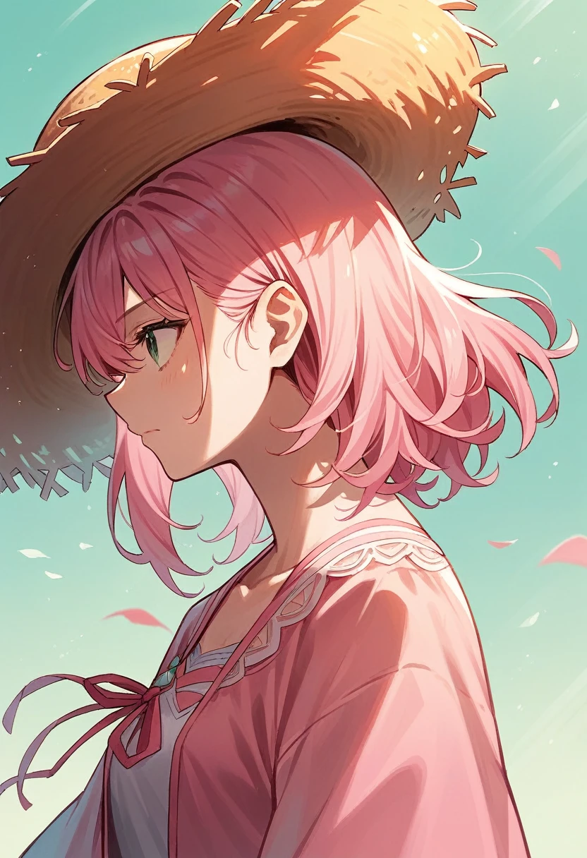 anime,Profile of a girl,Pink clothes,Pink straw hat,Pink Hair,Ultra HD, high quality, Very detailed, Official Art,8k wallpaper, Super detailed, 32k