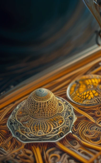  an intricate neural system made of agate and opal is shaping the figure of the Magus of Power himself, he is displaying his art with his tools, male, intelligence of transparency,dominant yellow, purple, gray and indigo rayed violet color tonality, fractal, brilliant colours, masterpiece, highly detailed, 4k resolution,  3d modelling, digital art