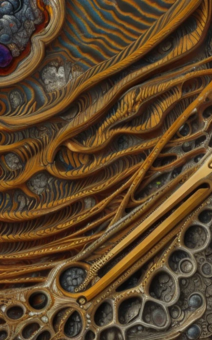 an intricate neural system made of agate and opal is shaping the figure of the Magus of Power himself, he is displaying his art with his tools, male, intelligence of transparency,dominant yellow, purple, gray and indigo rayed violet color tonality, fractal, brilliant colours, masterpiece, highly detailed, 4k resolution, 3d modelling, digital art