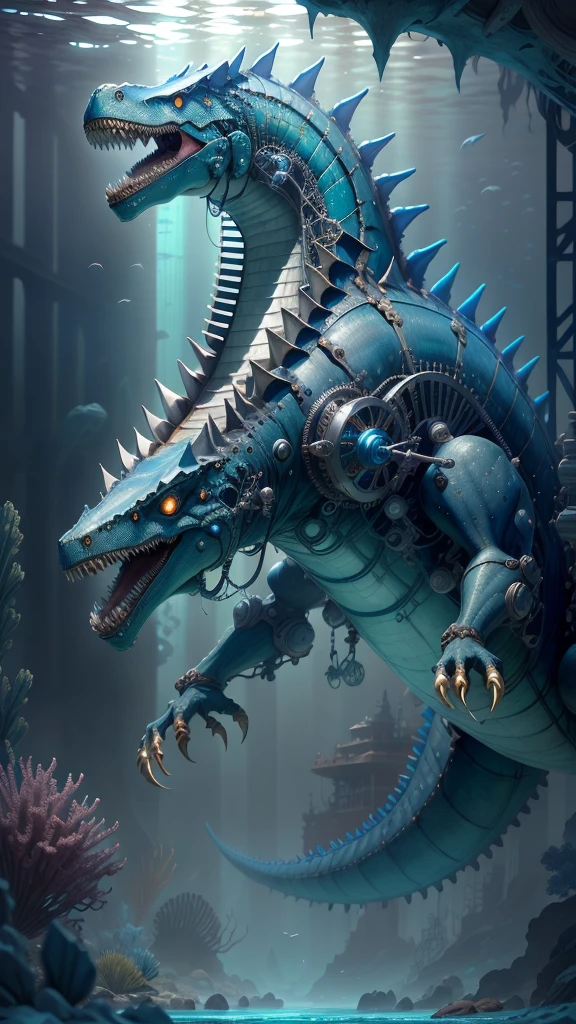 A mechanical Mosasaur swimming in the deep sea，Giant Mosasaur，Mechanical structure，Mechanical parts all over the body，deep blue sea，Titan Behemoth，The underwater world，Ultra-clear，Lots of details