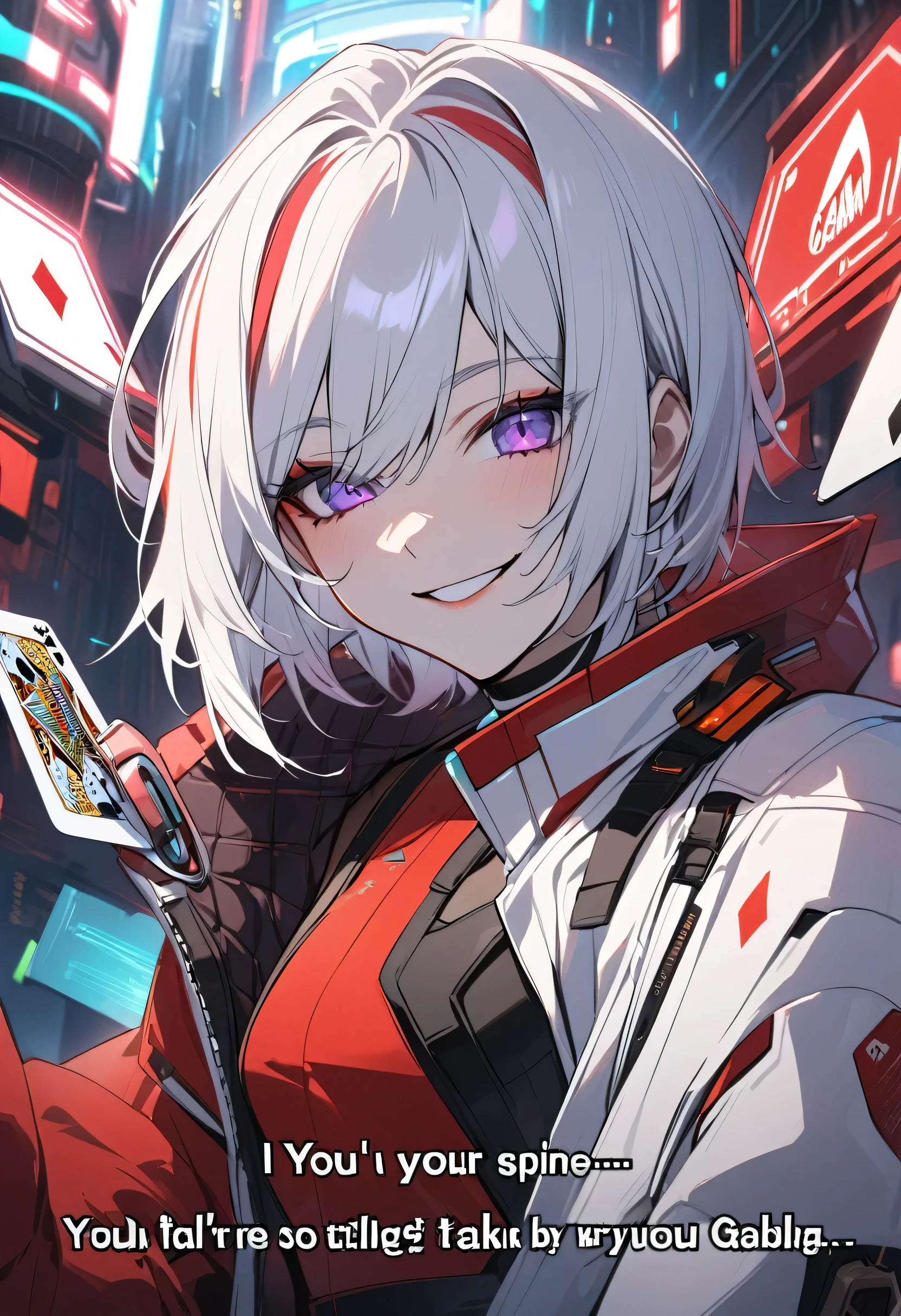 Beautiful, One, 1 man, short hair, White hair, red highlights on the ends of the hair, purple eyes, White and red clothes, smile on your face, futuristic, Cyberpunk, cards, You're talking, gambler