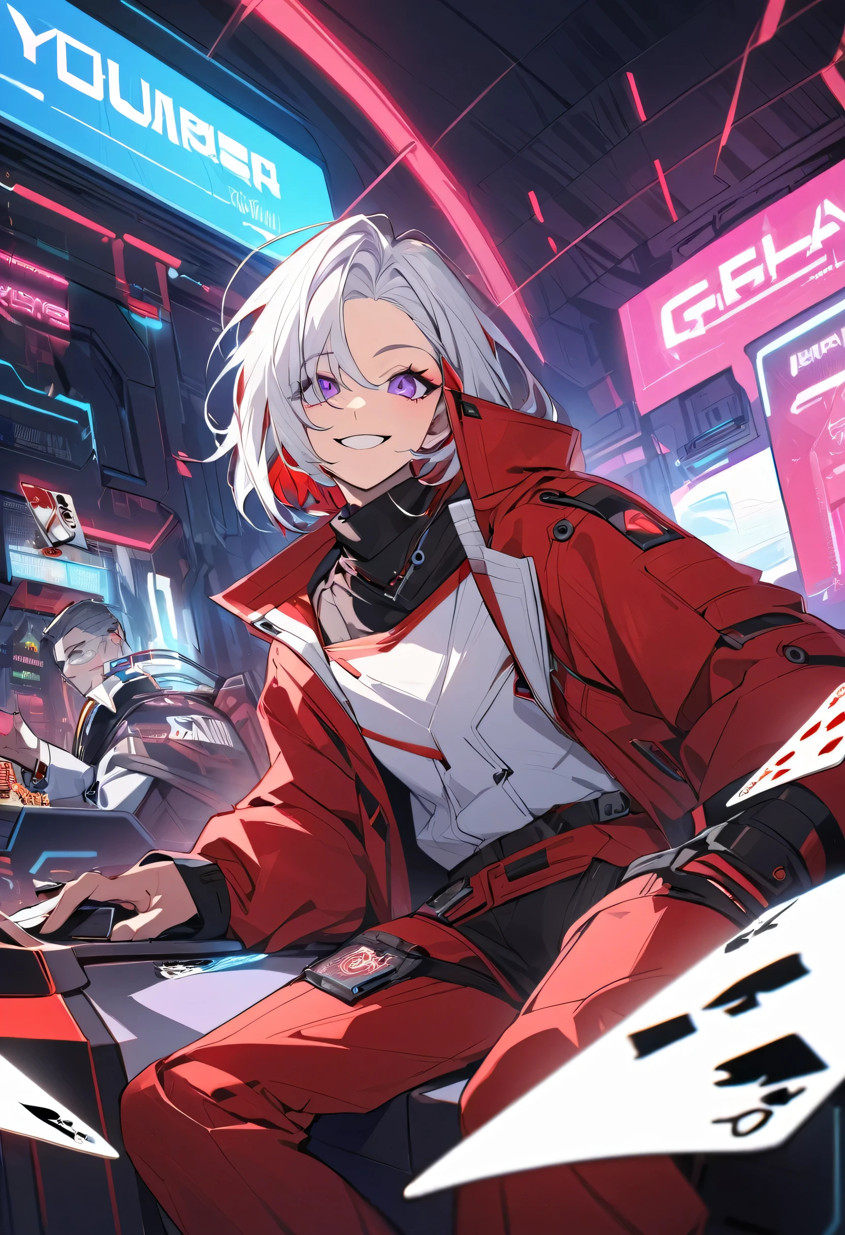 Beautiful, One, 1 man, short hair, White hair, red highlights on the ends of the hair, purple eyes, White and red clothes, smile on your face, futuristic, Cyberpunk, cards, You're talking, gambler