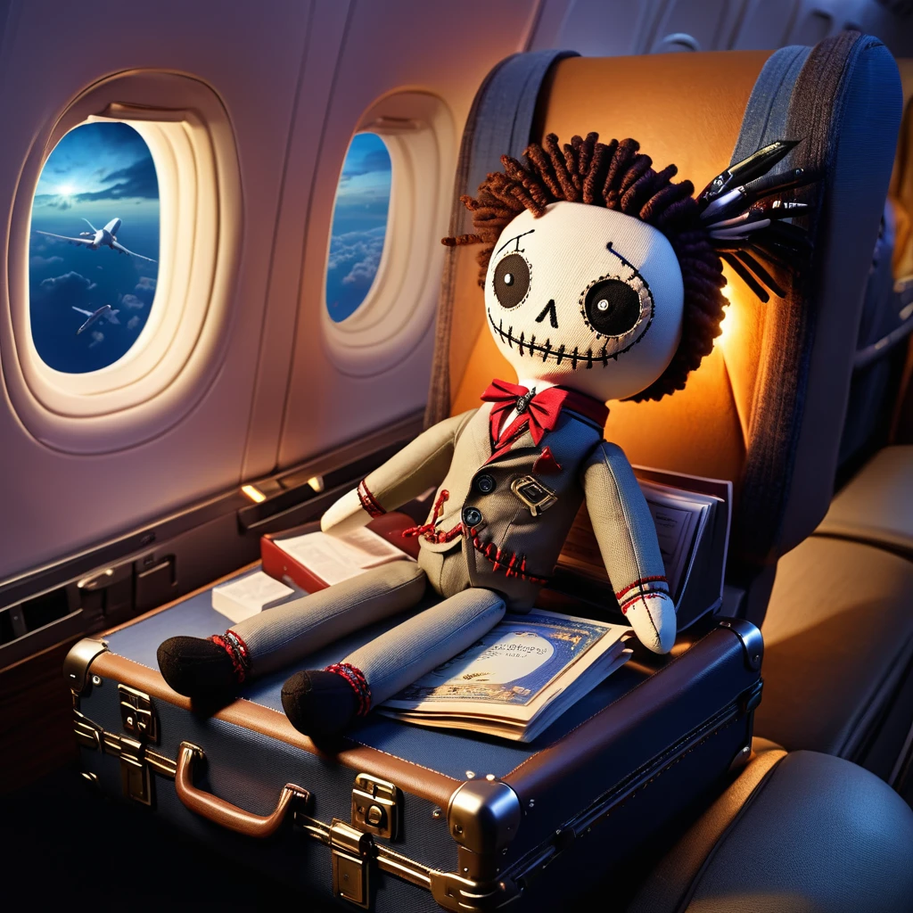 (knitted toy voodoo doll:1.7), (voodoo airplane passenger:1.3), (clothing: comfortable travel suit with glowing cloud symbols:1.0), (accessories: enchanted suitcase emitting sparks of travel magic:1.1), (background: mystical airplane cabin with glowing windows and ghostly flight attendants:1.2), best quality, masterpiece, detailed soft oil painting, detailed background, dramatic cinematic lighting, soft edge lighting, professional, dramatic lighting, hard edge lighting, ultra quality, 4k,masterpiece, best quality, 8k, ultra highres, highres, extremely detailed