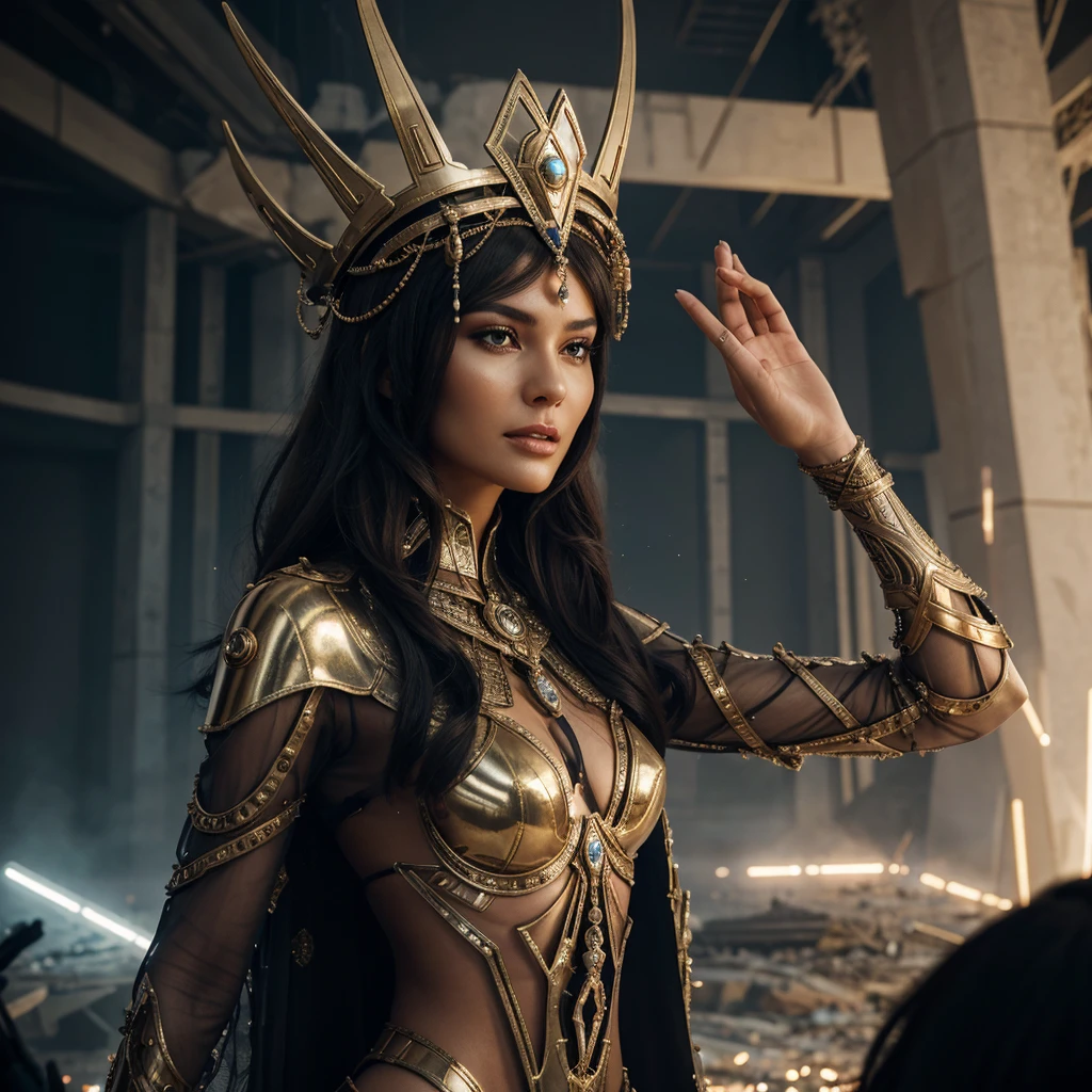 Woman in extravagant headdress, reminiscent of an ancient crown with futuristic elements.
full height, with long legs and seductive shapes.
Face with clearly defined features and metallic accents.
Suit made of transparent material with integrated luminous lines.
Background: post-apocalyptic world with destroyed buildings and remnants of technology.
outside: One arm raised up, as if she is addressing an audience or controlling something.