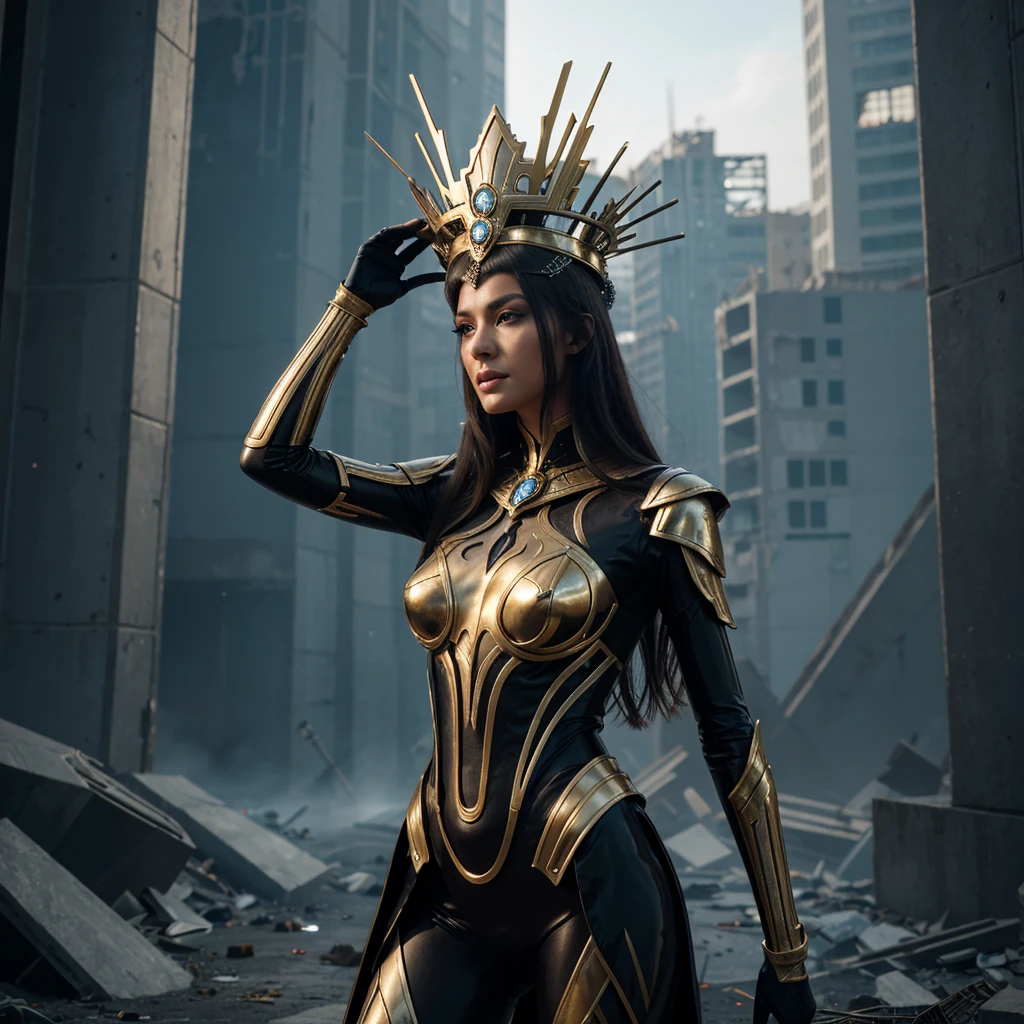 Woman in extravagant headdress, reminiscent of an ancient crown with futuristic elements.
full height, with long legs and seductive shapes.
Face with clearly defined features and metallic accents.
Suit made of transparent material with integrated luminous lines.
Background: post-apocalyptic world with destroyed buildings and remnants of technology.
outside: One arm raised up, as if she is addressing an audience or controlling something.