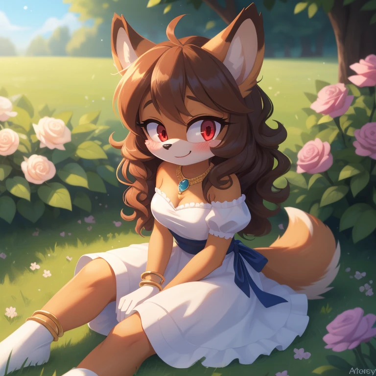 mobian, hedgehog, medium breasts, two-tone fur ((orange fur, brown fur)), dress, she is out in the open at a rose garden, seated on the grass like a princess, two-tone hair (brown hair, black tip)), curly hair, halo, jewelry, red eyes, longeyelashes, red eyes, smile, blush, shy, high detail, masterpiece, UHD, anatomically correct, super detail, highres, 4K