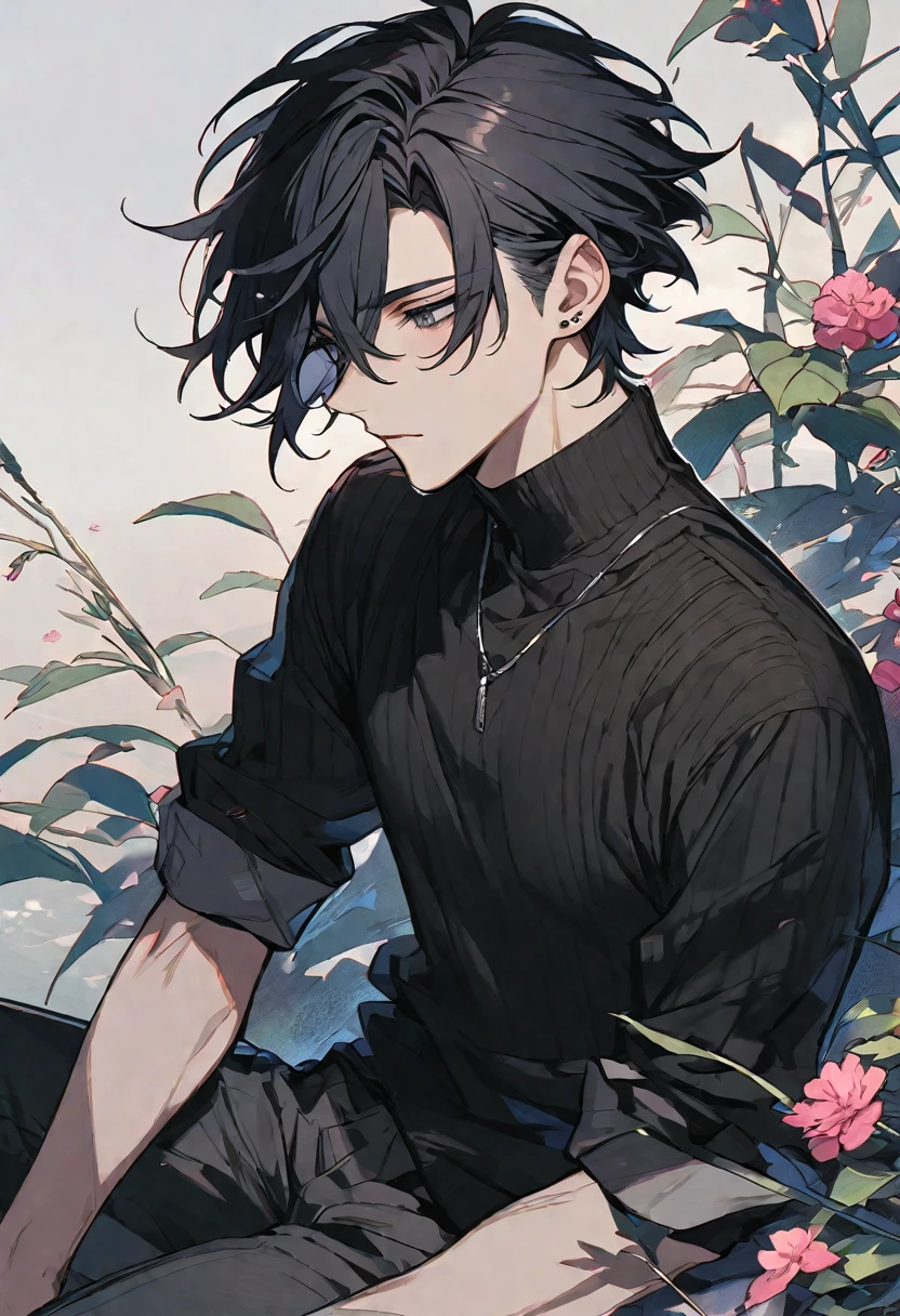 alone, good looking, 1 male, short hair, Pink and black hair, Grey Eyes