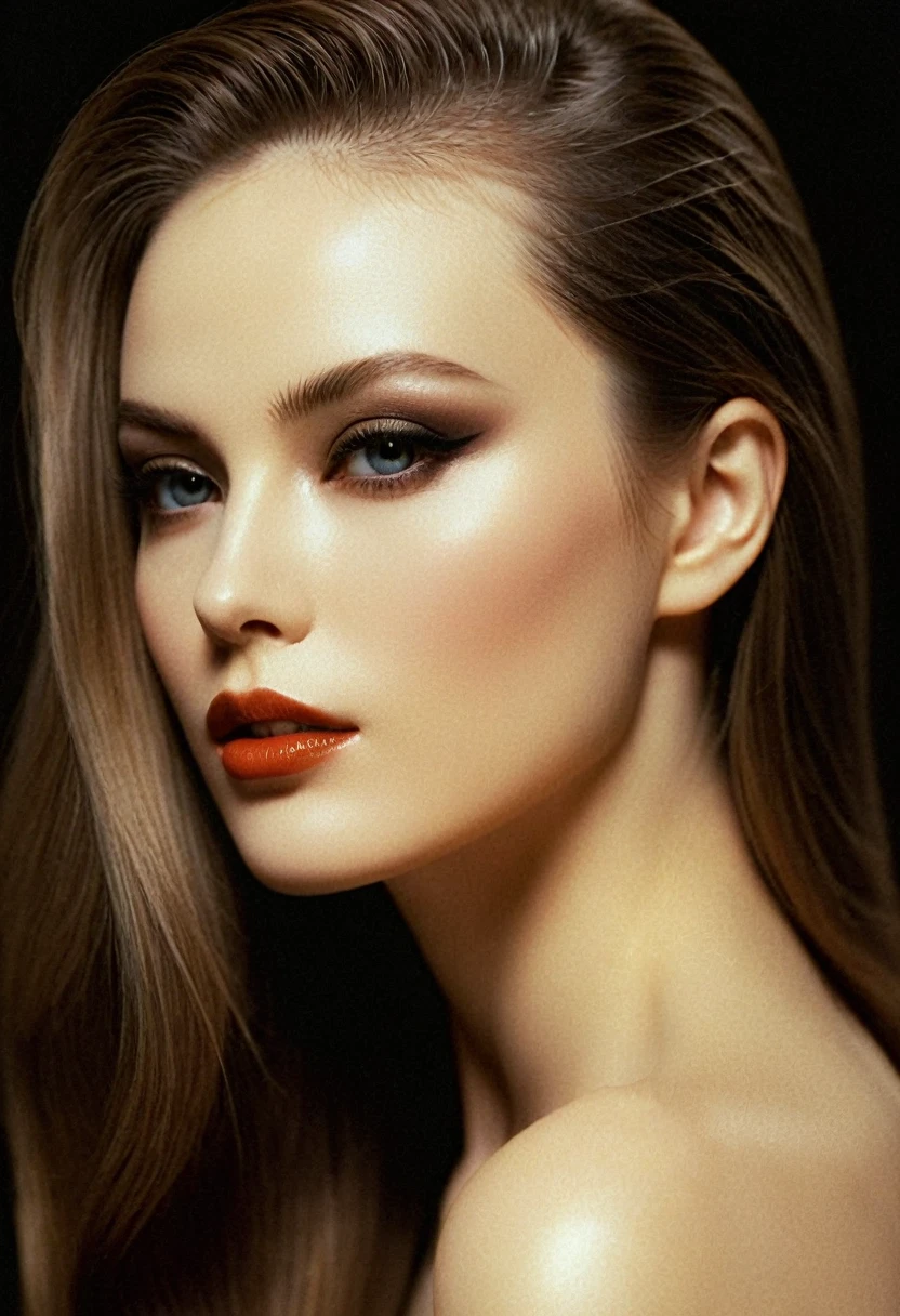Photograph by Serge Lutens (1.8), pale skin, ((evil slavic woman)), long dark blond hair, in profile, wide angle dim atmosphere, stunning, modern, dark, clean, artsy indoor surrounding, casting a dreamlike atmosphere eyes reflect some light, Shiseido-style Vogue-Style 1990s style and setting Various gentle half body poses and angles Consistent facial and body features Photorealistic and highly detailed Artistic and evocative High-quality finish Ensuring vibrant, detailed features Technical details: wide angle lens Selective focus with Kodak film effect: 1.2 Shallow depths of field