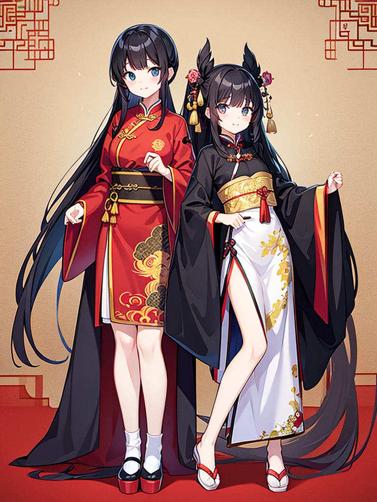 Full-body portrait、Are standing、Black Hair、Messy hair、Very long hair、Long Hair、Chinese clothing in only black