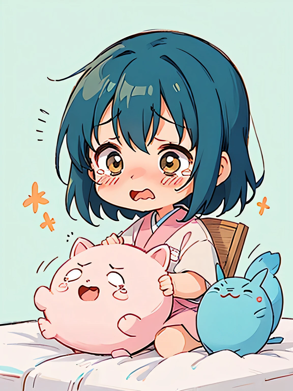 Hayao Miyazaki style、Kawaii Design, The most beautiful girl of all time, chibi, Crying face, Big tears, hospital bed,