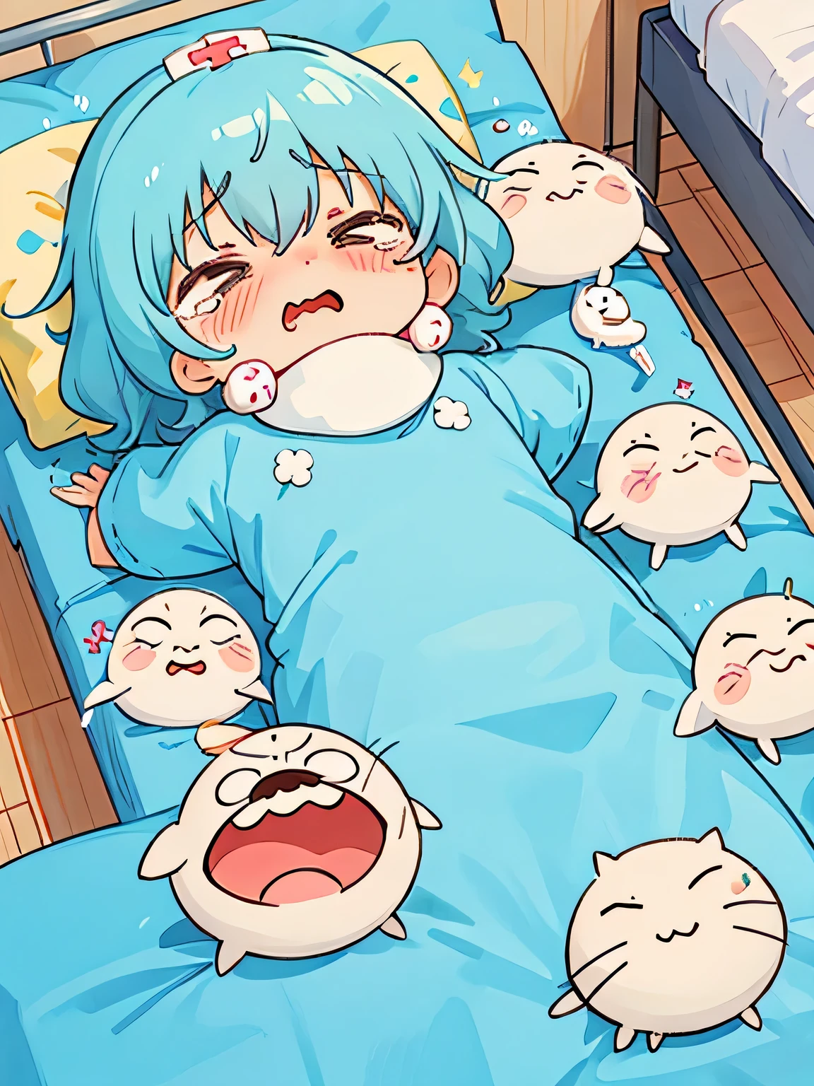 Hayao Miyazaki style、Kawaii Design, The most beautiful girl of all time、chibi, Cute and colorful amoeba, nap, Crying face, Big tears, Hospital bed