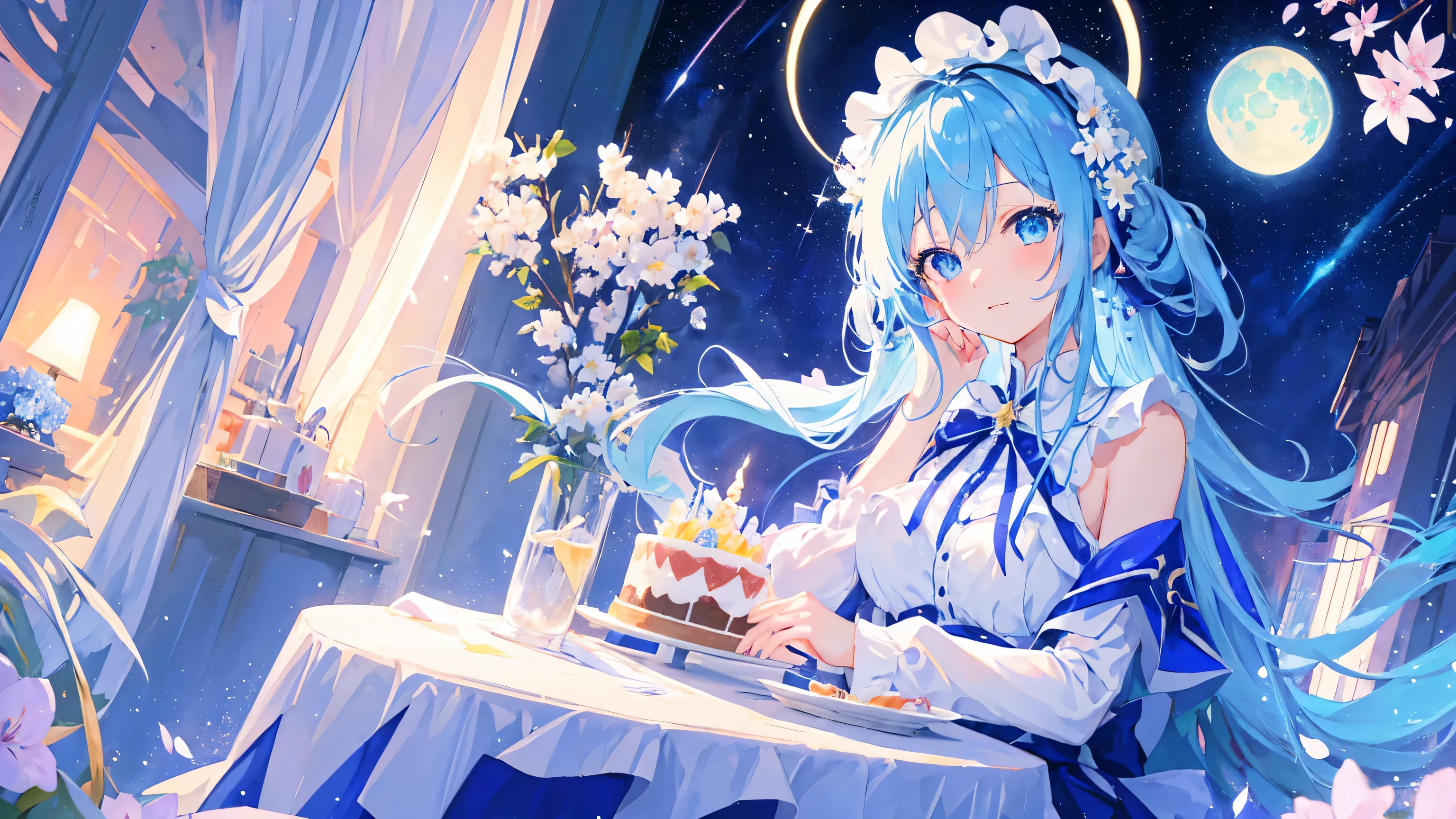 Anime Girl，（A girl），light blue hair，blue eyes，White Skirt，White，Flower headdress，Happy and happy，Starry sky background，（There is a birthday cake on the table in front of me），Popular topics on artstation pixiv, Digital Art on pixiv, anime art wallpaper 8 k,  Anime Art Wallpaper 4k, Anime Art Wallpaper 4K, Top rated on Pixiv, Beautiful anime artwork, Pixiv competition winner，（Multi-angle）