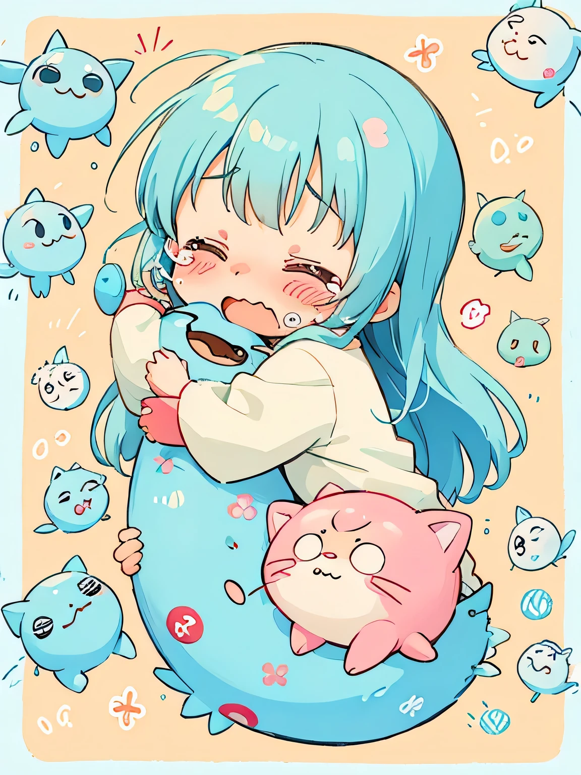 Hayao Miyazaki style、Kawaii Design, The most beautiful girl of all time、chibi, Cute and colorful amoeba, nap, Crying face, Big tears, Hospital bed