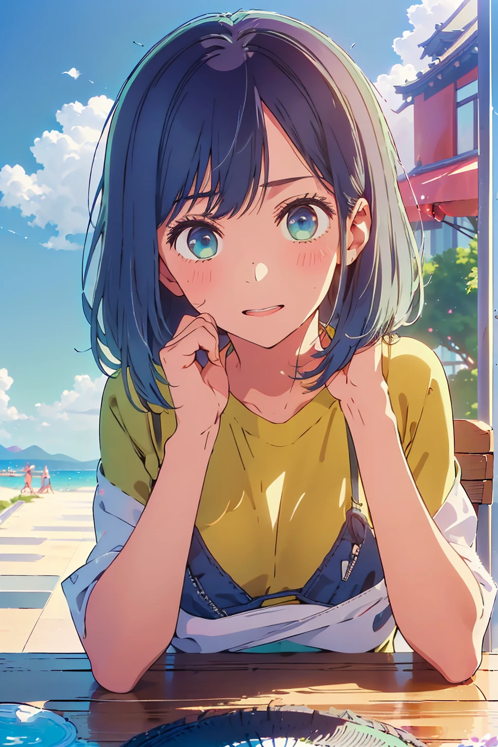 (Highest quality:1.4、masterpiece:1.4、Super detailed:1.4、8K:1.4)、F cup bust、Big Breasts、Slim body、((((1 person、Surprised expression、sit、Chair、In the background are the urban buildings of Tokyo、looking at the camera、Outdoor café terrace、coastal、Navy hair color、juice、table、Shooting up close、Very cute face))))、(Pose of putting hair behind ears with hands:1.4、Cheek resting on hand:1.4）、((nude、Areola、bikini))、Very blue sky、A completely cloudless sky、Big eyes、((((Shallow depth of field))))、Pink Lips、sunny place