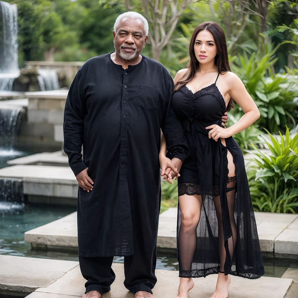 A black old man and a girl in water fall stone, standing pose, detailed,black Oldman, beautiful girl, couple pose, realistic, high quality, couples, romantic waist gripping pose,HD,1080,purple lace nightgown dress,romantic, black old man, beautiful picture, detailed, ultra HD, black old man,huge breasts, high quality,fat old man,Sexy 'girl, Caucasian girl, white girl with black old man, looking at camera, bouncing breasts, Oldman gripping she's waist, black old man,puar white girl, Angela white,