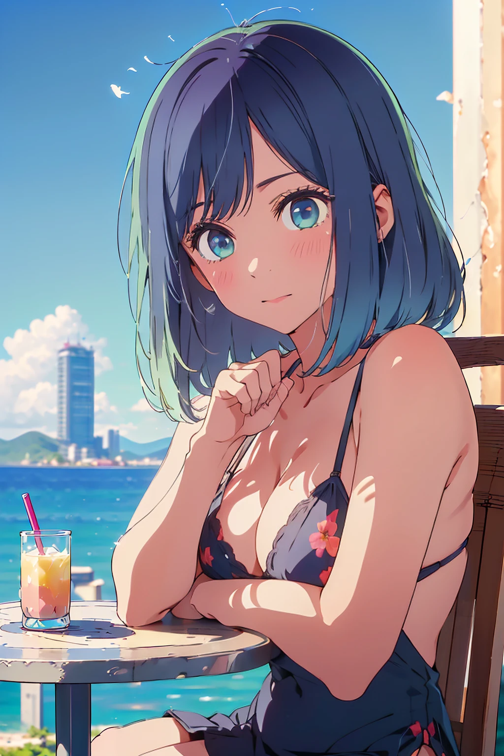 (Highest quality:1.4、masterpiece:1.4、Super detailed:1.4、8K:1.4)、F cup bust、Big Breasts、Slim body、((((1 person、Surprised expression、sit、Chair、In the background are the urban buildings of Tokyo、looking at the camera、Outdoor café terrace、coastal、Navy hair color、juice、table、Shooting up close、Very cute face))))、(Pose of putting hair behind ears with hands:1.4、Cheek resting on hand:1.4）、((nude、Areola、bikini、sunny place))、Very blue sky、A completely cloudless sky、Big eyes、((((Shallow depth of field))))、Pink Lips