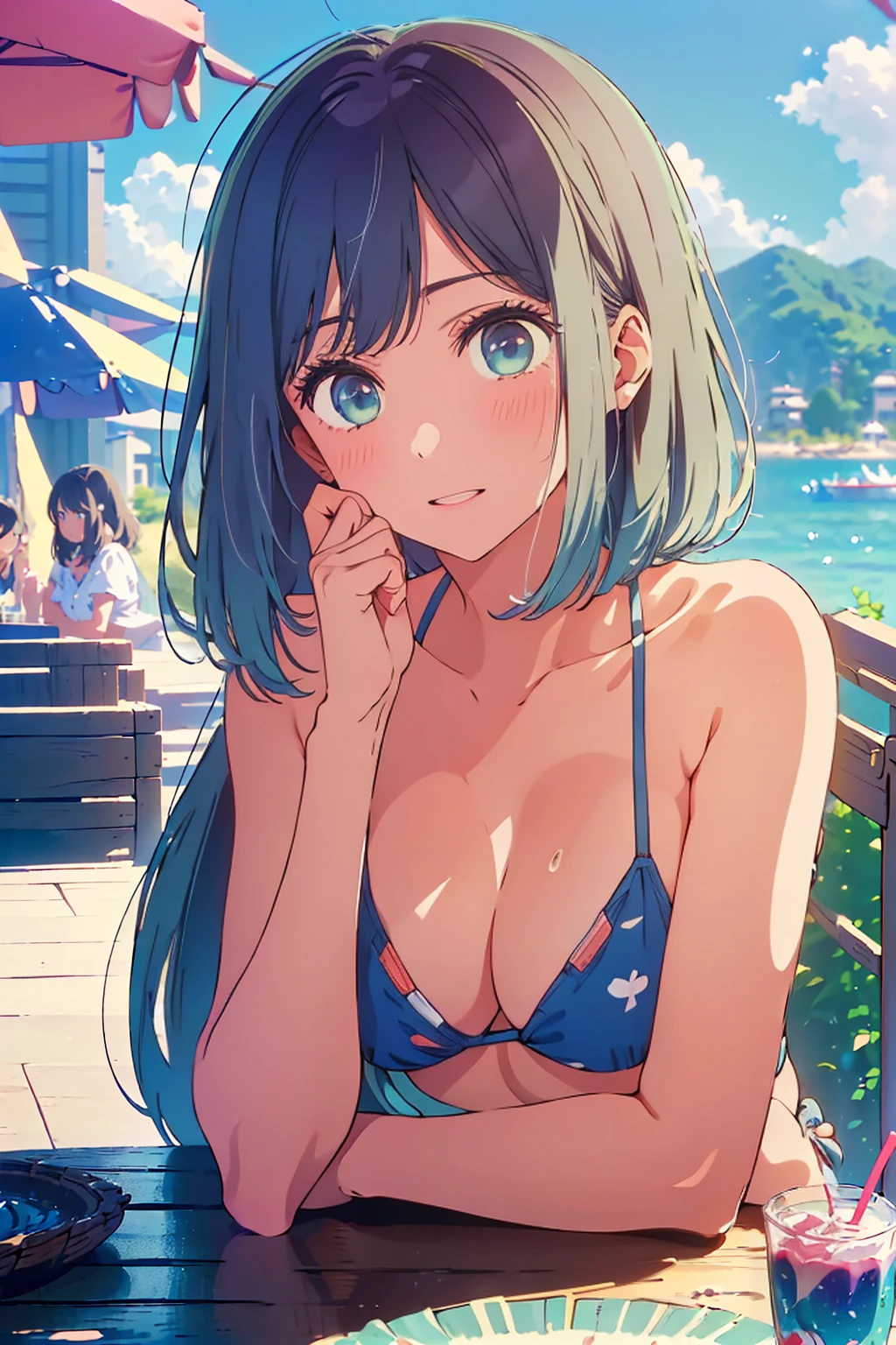 (Highest quality:1.4、masterpiece:1.4、Super detailed:1.4、8K:1.4)、F cup bust、Big Breasts、Slim body、((((1 person、Surprised expression、sit、Chair、In the background are the urban buildings of Tokyo、looking at the camera、Outdoor café terrace、coastal、Navy hair color、juice、table、Shooting up close、Very cute face))))、(Pose of putting hair behind ears with hands:1.4、Cheek resting on hand:1.4)、((nude、Areola、bikini、sunny place))、Very blue sky、A completely cloudless sky、Big eyes、((((Shallow depth of field))))、Pink Lips