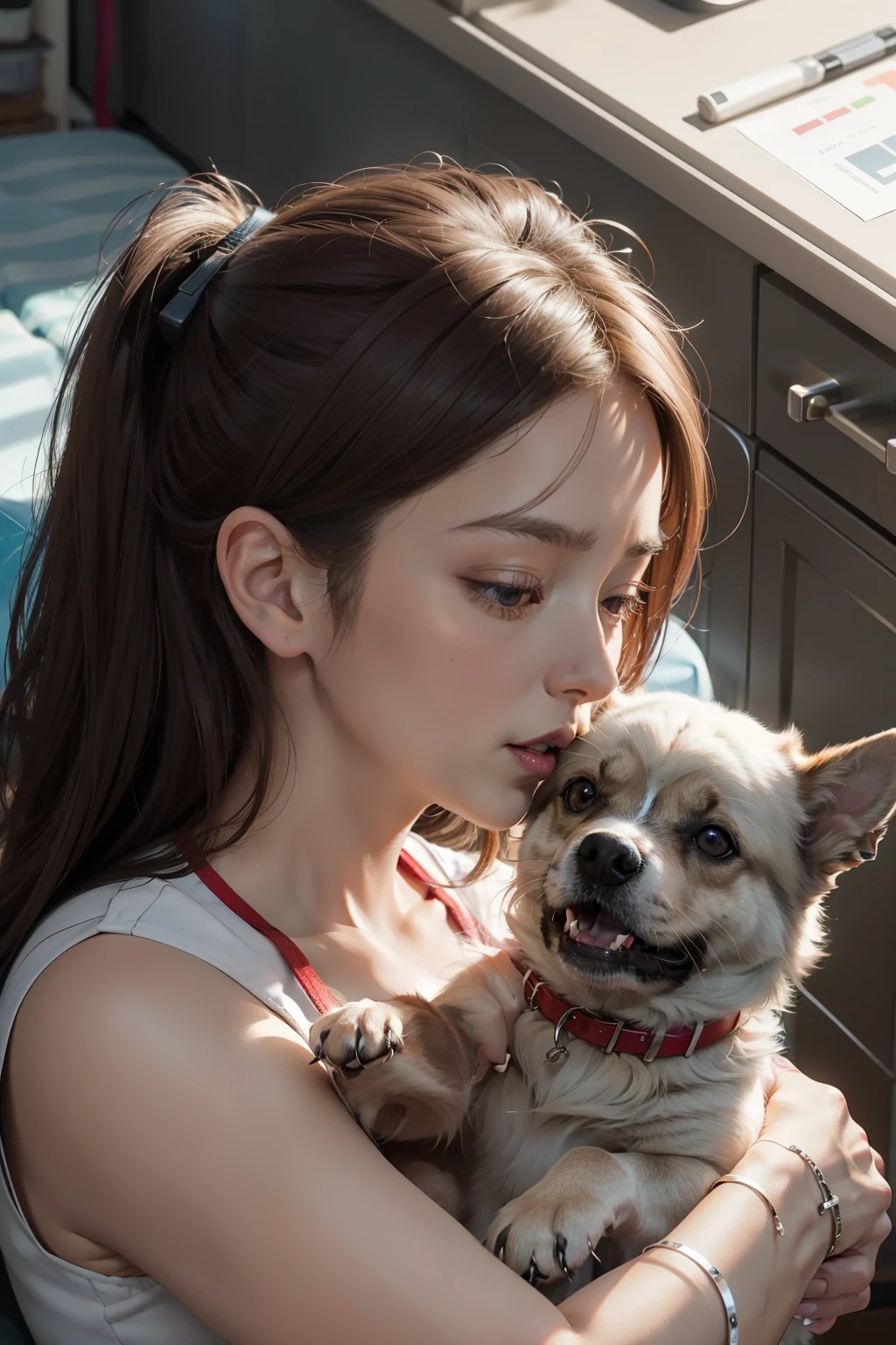 Scenario Description: A poignant scene depicting a pet owner's concern for their dog's allergy issues, set within or surrounding a veterinary hospital. The canine subject is visibly struggling, exhibiting signs of distress with open-mouthed breathing and noticeable shortness of breath. Allergic reaction symptoms are evident in the dog, including redness and swelling of the skin, persistent itching, and redness in the eyes.
The scene includes several indicators of potential allergens that may be causing the dog's discomfort, such as graphics or symbols representing common allergens like pollen or dust mites. The medical testing process is shown in detail, highlighting the steps