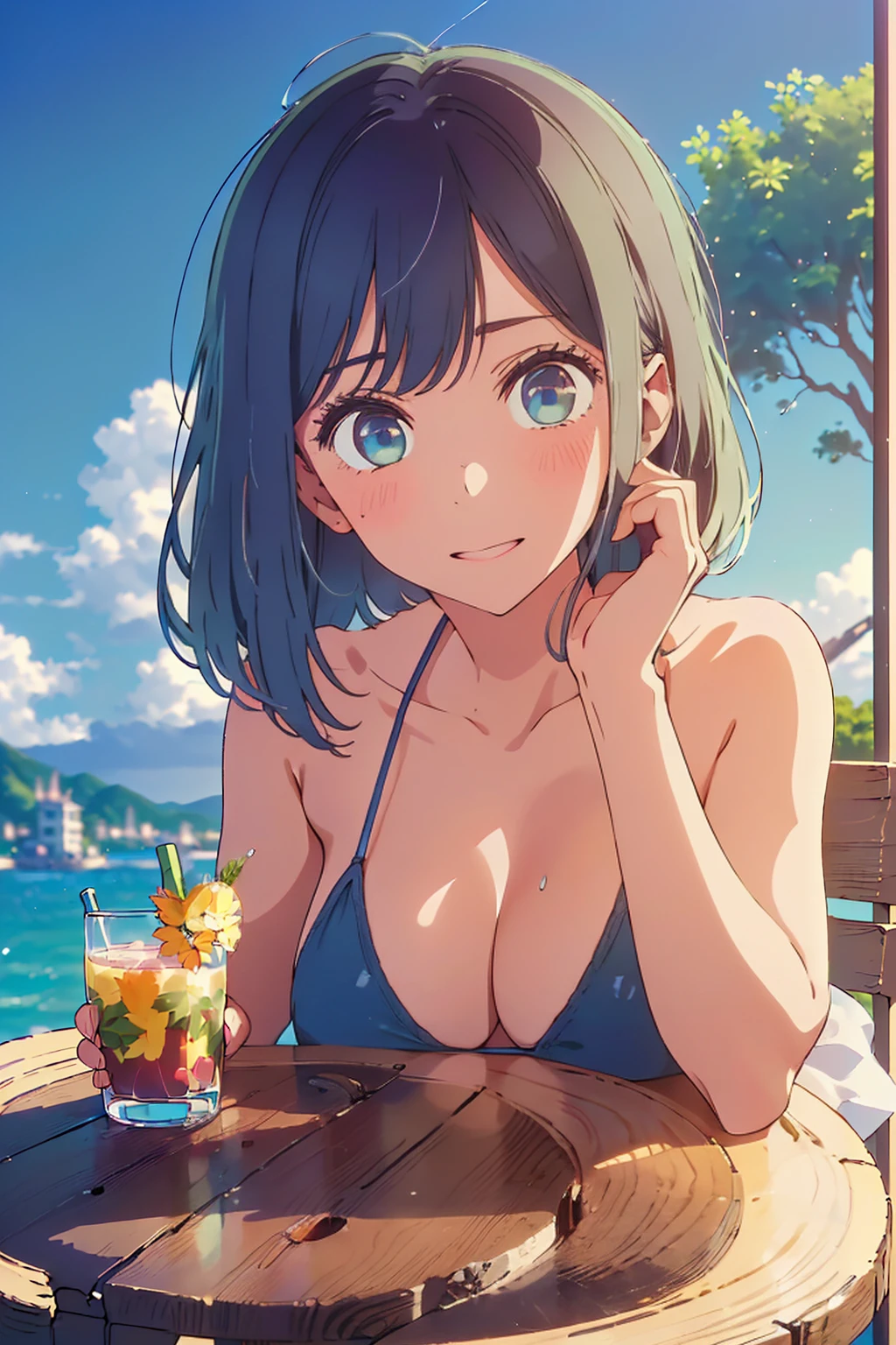 (Highest quality:1.4、masterpiece:1.4、Super detailed:1.4、8K:1.4)、F cup bust、Big Breasts、Slim body、((((1 person、Surprised expression、sit、Chair、In the background are the urban buildings of Tokyo、looking at the camera、Outdoor café terrace、coastal、Navy hair color、juice、table、Shooting up close、Very cute face))))、(Pose of putting hair behind ears with hands:1.4、Cheek resting on hand:1.4)、((nude、Areola、bikini))、Very blue sky、A completely cloudless sky、Big eyes、((((Shallow depth of field、sunny place))))、Pink Lips