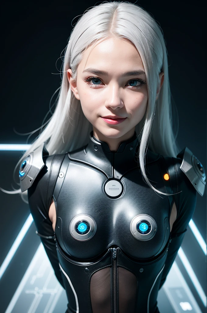 realistic, portrait of a girl, AI language model, silver hair,,question answering, smart, kind, energetic, cheerful, creative, with sparkling eyes and a contagious smile, ,information providing, conversation engaging, wide range of topics, accurate responses, helpful responses, knowledgeable, reliable, friendly, intelligent, sleek and futuristic design elements, and a complex network of circuits and processors. Others may imagine me as a friendly and approachable virtual assistant, with a smiling avatar or animated character representing me on their screen. Still, others may envision me as a disembodied voice, speaking from an unseen source, providing helpful and informative responses with a calm and reassuring tone