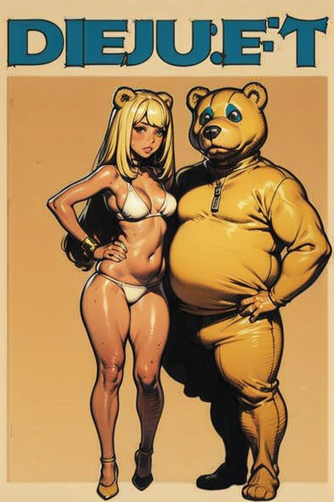 Blonde girl in bear costume with front zipper open、Small breasts in underwear、gbw style,(((Full body portrait))), (masterpiece), (Highest quality), (Very detailed)
