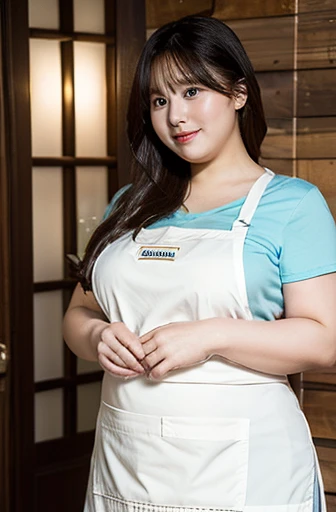 1 female, Overweight, apron, Very fat, Chubby, Japanese, 4K, High resolution, masterpiece, Highest quality, Fine skin, Sharp focus, (Cinema Lighting)(Round belly is smooth)