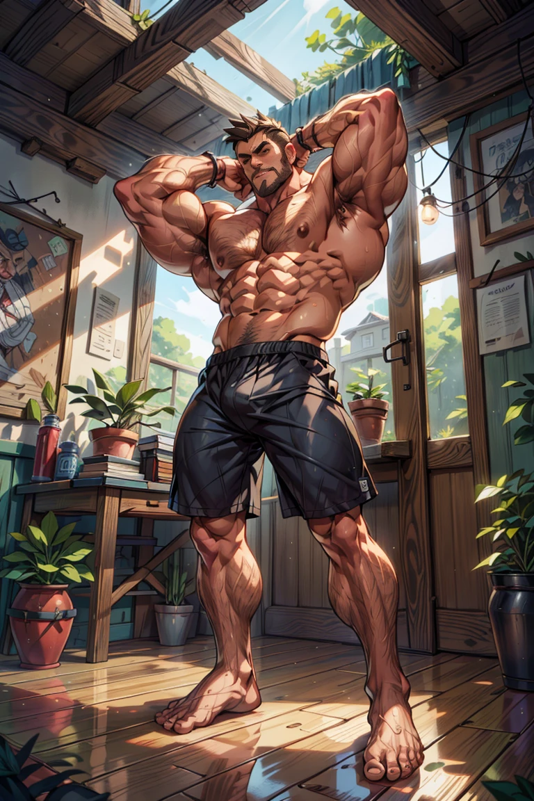 (barefoot),(barefoot),(Long legss ),Bigfoot,(whole body),(Long legs ),(He was wearing baggy shorts,Revealing his length, muscular的腿),Interior background with vintage furniture and retro wooden floor,Surrounded by paleopods),(For the audience) ,(Put his hands on his waist), (Focus on your audience) ,(There is a huge bulge in the area),From the perspective of an outsider:Man sitting on the ground in a side-lying position,The upper body is tilted to the right of the picture,Legs extended to the left of the picture,The upper left part of the picture is a panoramic floor-to-ceiling window,(Dark brown hair),(Clean face,No beard),Broad shoulders,Muscles protrude a lot,The crotch is bulging,(Long legss),Highest image quality,Japanese cartoons ,Anime Wallpaper,Chest muscle expansion,(,best quality),((Exaggerated muscle bulge)),There is a dense forest outside the window,muscular and bulky, muscular characters, Awesome and cool, tall and muscular, muscular!!, Very strong, muscular attractive men, Huge muscles, Big Muscle, Muscle Man, Anime handsome man, muscular!, Giant muscles, muscular bodies, muscular character,Small head for body size,(Long legs),Touch the ground with your foot and stretch to the left,Lean back,Lazy gesture,Behind is a panoramic floor-to-ceiling window