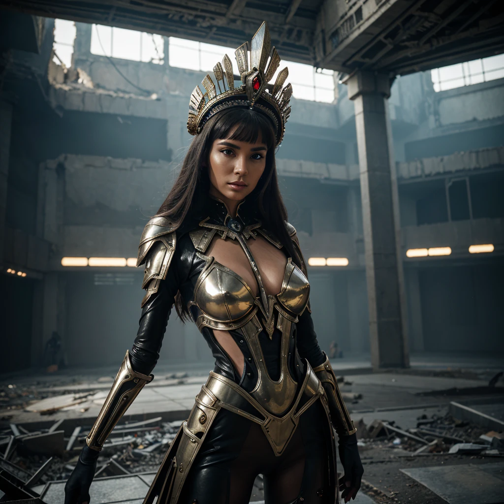 Woman in extravagant headdress, reminiscent of an ancient crown with futuristic elements.
full height, with long legs and seductive shapes.
Face with clearly defined features and metallic accents.
Suit made of transparent material with integrated luminous lines.
Background: post-apocalyptic world with destroyed buildings and remnants of technology.
outside: One arm raised up, as if she is addressing an audience or controlling something.