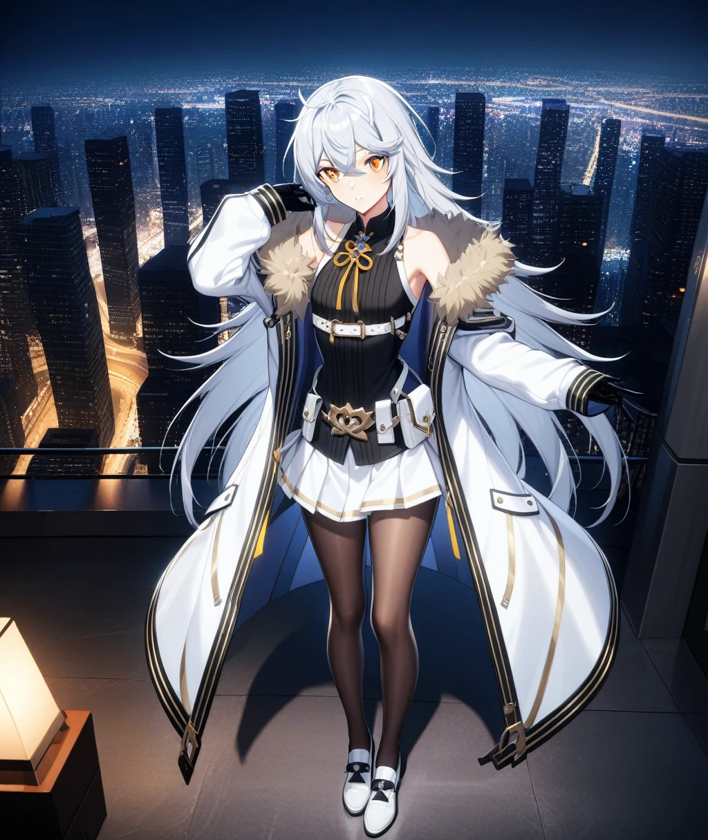1girl, bangs,long_hair,独奏, yellow eyes, black legwear, jacket, pantyhose, silver hair, skirt, bare shoulders, eyebrows visible through hair, ahoge, gloves, white hair, small breasts,long sleeves,hair between eyes, standing, white skirt, shirt,sleeveless, sleeveless shirt,full_body, pleated skirt, sidelocks,belt ,very long hair, shoes,Miniskirt ,black gloves,white footwear, open clothes, Fur trim, black shirt, white coat,white_jacket,city lights,open jacket, off shoulder, open coat, fur-trimmed coat, gown, messy hair, , masterpiece, Highest quality, so beautiful, Absurd,