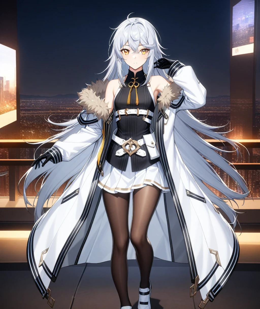 1girl, bangs,long_hair,独奏, yellow eyes, black legwear, jacket, pantyhose, silver hair, skirt, bare shoulders, eyebrows visible through hair, ahoge, gloves, white hair, small breasts,long sleeves,hair between eyes, standing, white skirt, shirt,sleeveless, sleeveless shirt,full_body, pleated skirt, sidelocks,belt ,very long hair, shoes,Miniskirt ,black gloves,white footwear, open clothes, Fur trim, black shirt, white coat,white_jacket,city lights,open jacket, off shoulder, open coat, fur-trimmed coat, gown, messy hair, , masterpiece, Highest quality, so beautiful, Absurd,