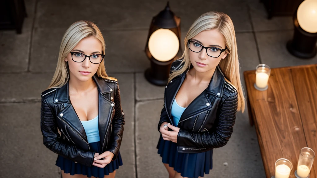 (autophoto, Top view: 1.4), (Right half of the body: 1.4), RAW UHD portrait photo of a 25 year old European blonde (woman with blue eyes) Go down to the beach, (leather jacket), (Skirt), (neckline), Specific Details (Textures! , For the! , glasses, color!! , Disadvantages: 1.1), Bright eyes with many details. (looking to the camera), Reflective lighting, reflection, Ultra quality, re sharpness, depth of field, film grain (center), Fujifilm XT3, Clear, center of frame, beautiful face, sharp focus, streetlight, neon lighting, bokeh (dimly lit), evening, (Ciel nocturne), detailed skin pores, oily skin, sunstroke, Intricate eye details, whole body, big breasts, shiny dress, Sequin dress, (petit leather jacket),24mm lens
