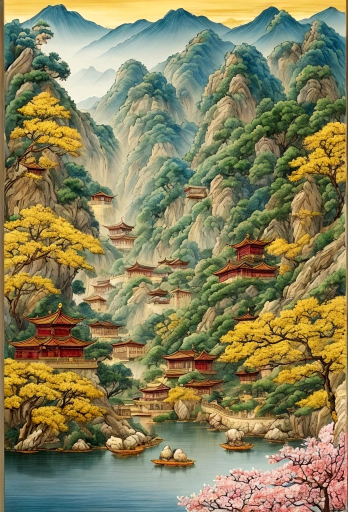 Chinese landscape painting，Cloisonné enamel，Gold trim，Exquisite craftsmanship，Modern approach，Super Fine，4k ultra high definition，Clean background，concise