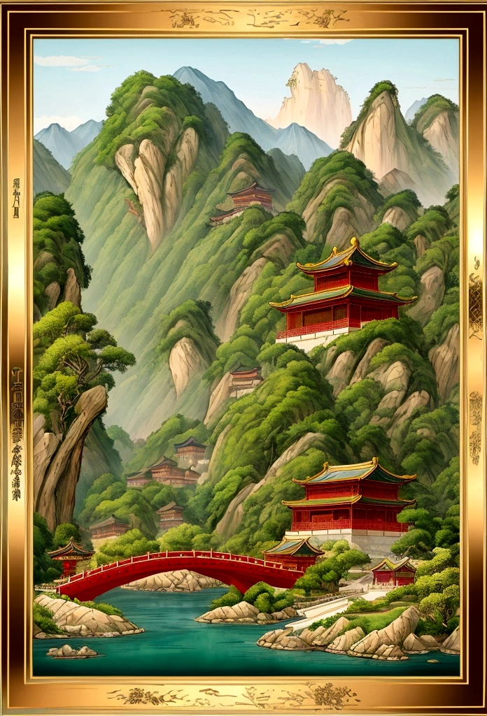 Chinese landscape painting，Cloisonné enamel，Gold trim，Exquisite craftsmanship，Modern approach，Super Fine，4k ultra high definition，Clean background，concise