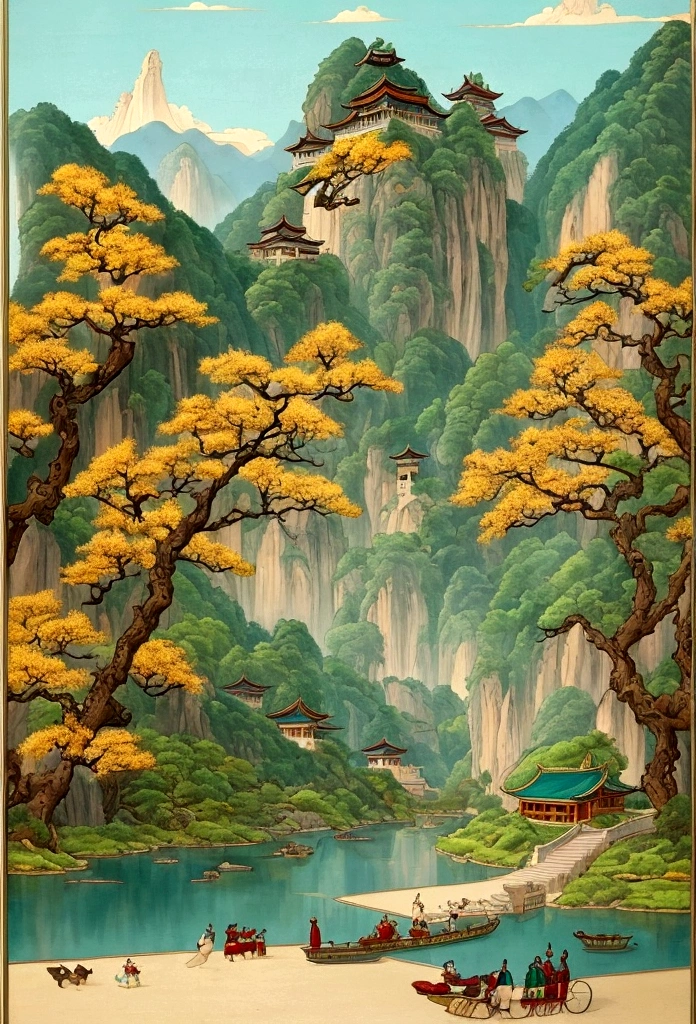 Chinese landscape painting，Cloisonné enamel，Gold trim，Exquisite craftsmanship，Modern approach，Super Fine，4k ultra high definition，Clean background，concise