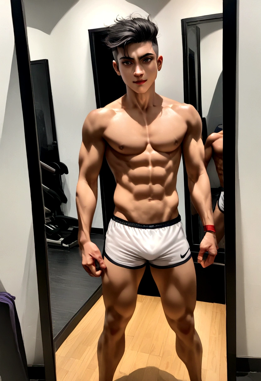 A Indian young twink soccer player with undercut hairstyle, he is shirtless and has skinny and fully shaved body and abs, he is standing in front of the mirror in the gym, he is wearing only long sport Nike underwear, realistic full body photo, without tatoos, horny face