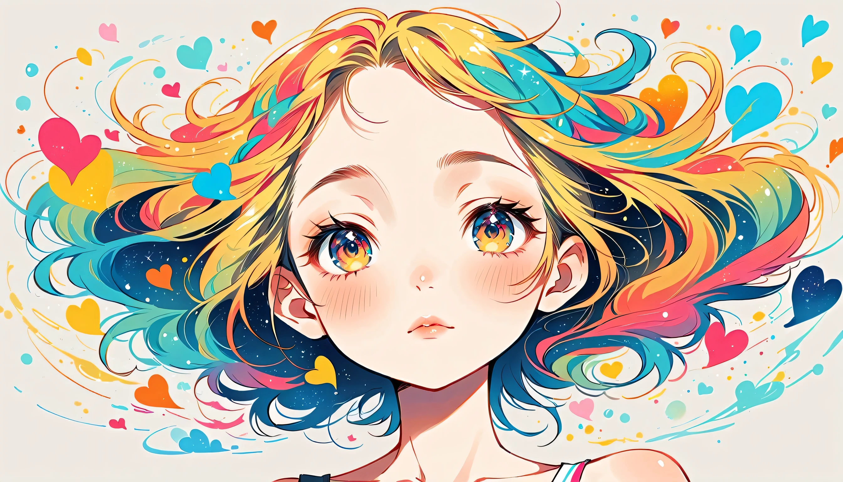 Mika Pikazo style, Simple Line Initialism，Abstract art, colorful hearts ,colorful hearts, (((The most beautiful girl of all time))), Space Travel, Cute and colorful amoeba, Lips in love