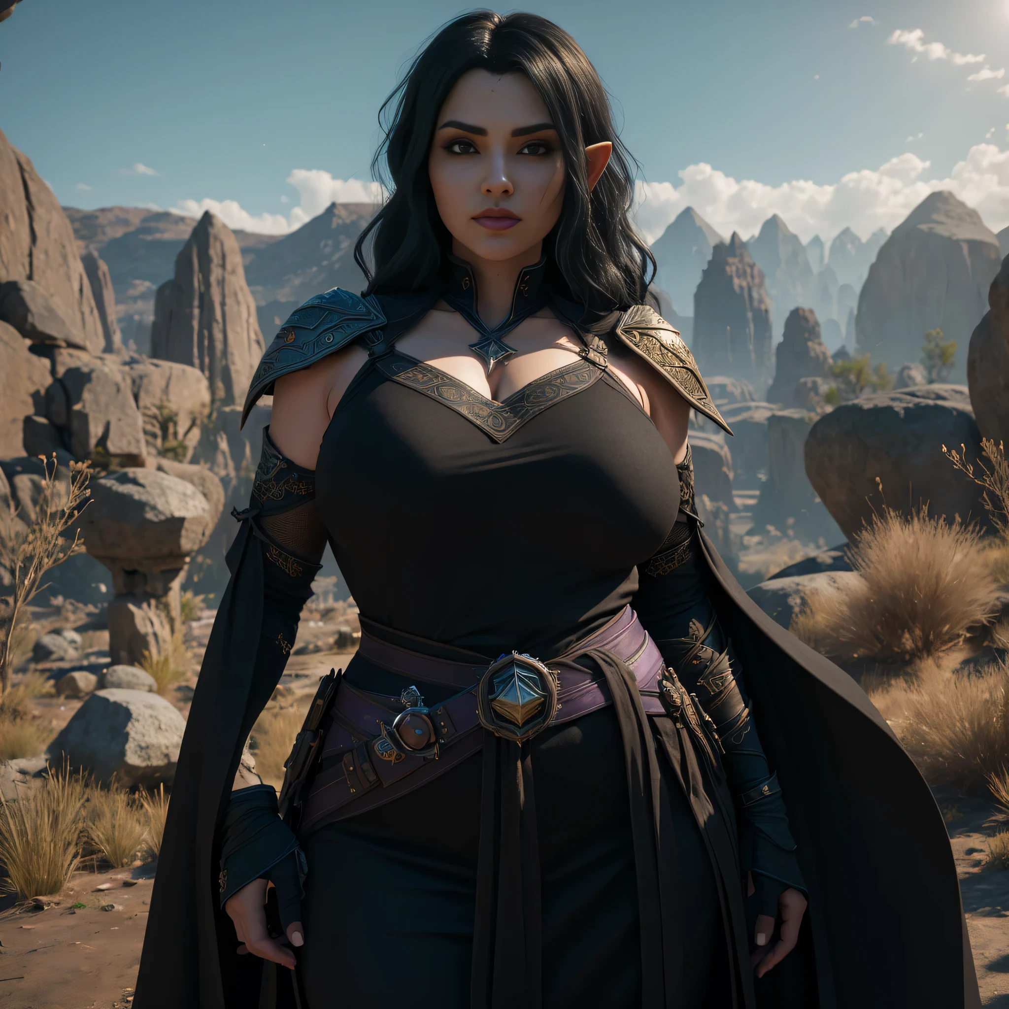 ((Best quality)), ((masterpiece)), (detailed: 1.4), 3D, (half-elf sorceress), (black hair, purple eyes:1.5, pale brown skin), (black robe, purple sleeves, grey pants, black boots and black armbands), (huge tits, big booty, short, curvy), (heavy gothic makeup), HDR (High Dynamic Range),Ray Tracing,NVIDIA RTX,Super-Resolution,Unreal 5,Subsurface dispersion, PBR texture, Post-processing, Anisotropic filtering, Depth of field, Maximum clarity and sharpness, Multilayer textures, Albedo and specular maps, Surface shading, Accurate simulation of light-material interaction, Perfect proportions, Octane Render, Two-tone lighting,Wide aperture,Low ISO,White balance,Rule of thirds,8K RAW,