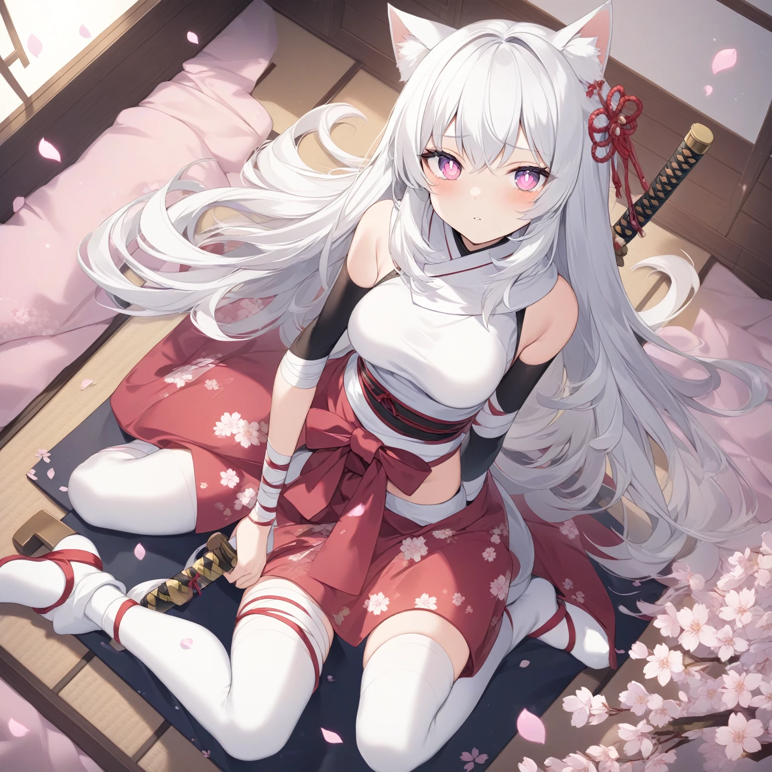 Anime girl with long white hair sitting on a mat，Clock in hand, very beautiful anime cat girl, Anime style 4k, Cherry blossom petals surround her, White cat girl, Beautiful cute anime girl, Beautiful anime catwoman, Cute anime girl, anime art wallpaper 8 k, Beautiful anime girl, Anime Art Wallpaper 4K, Anime Art Wallpaper 4K，Second Dimension，high quality，Background is Japanese style bedroom，There are several small trees，White and tender skin，High Detail，Elegant Ninja Girl，Cat ear，White hair，White tabi socks，A katana with a cherry blossom logo handle is worn on the waist，Pink pupils，White bandage leggings，Red and white cherry blossom themed ninja costume，Cold expression，Floral Decoration，M shaped sitting position，Normal human proportions，（Solitary），（Perfect face 1.1）