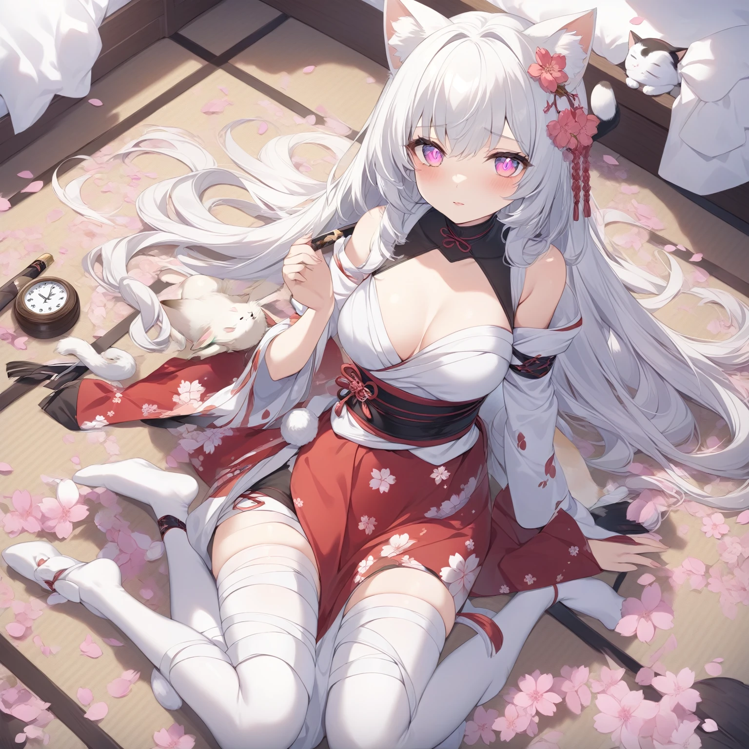 Anime girl with long white hair sitting on a mat,Clock in hand, very beautiful anime cat girl, Anime style 4k, Cherry blossom petals surround her, White cat girl, Beautiful cute anime girl, Beautiful anime catwoman, Cute anime girl, anime art wallpaper 8 k, Beautiful anime girl, Anime Art Wallpaper 4K, Anime Art Wallpaper 4K,Second Dimension,high quality,Background is Japanese style bedroom,There are several small trees,White and tender skin,High Detail,Elegant Ninja Girl,Cat ear,White hair,White tabi socks,A katana with a cherry blossom logo handle is worn on the waist,Pink pupils,White bandage leggings,Red and white cherry blossom themed ninja costume,Cold expression,Floral Decoration,M shaped sitting position,Normal human proportions,(Solitary),(Perfect face 1.1)
