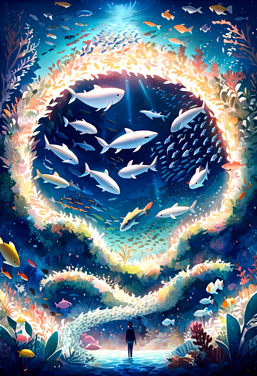 SeaWorld FontaineBright Lights of the Sea, Schools of fish form a spiral surrounded by marine life