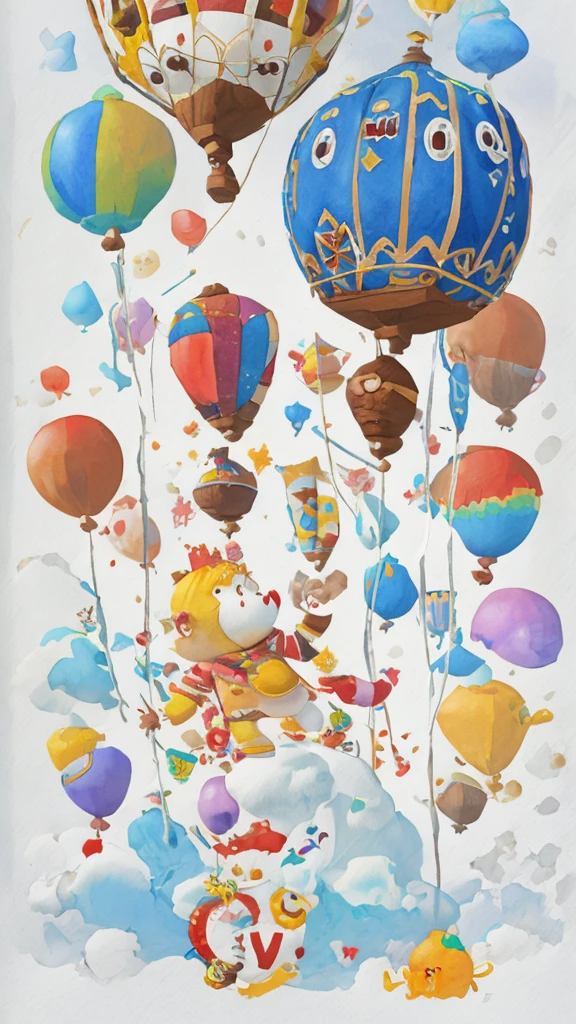 A seamless pattern,Watercolor teddy bear in hot air balloon,Animated characters float in balloons decorated with the word "G ytson",Light neutral colors on white background is the style of Kestutis Kasparavicius